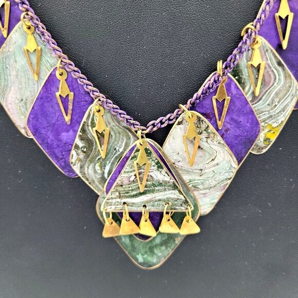 Statement Necklace Multi-Colored Metal Geometric Pendants on Purple Chain 23" - Picture 2 of 7